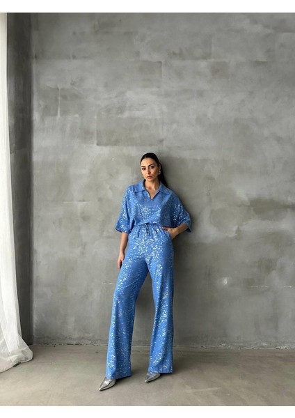 Varaklı Bluz Pantolon Takım - Mavi