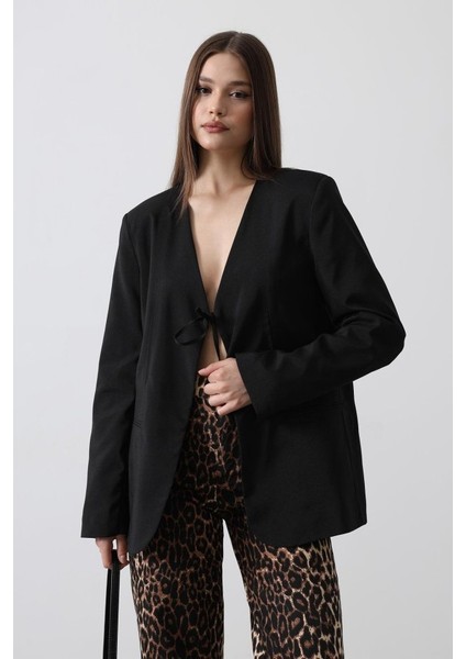 Önü Bağlamalı Blazer Ceket - Siyah