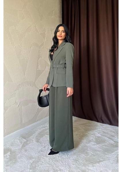 Haki Cep Kapaklı ve Kemerli Ceket