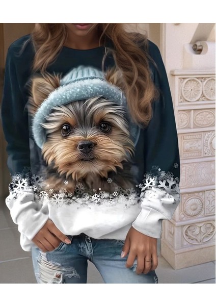 Kadın Uzun Kollu Bisiklet Yaka Köpek Baskılı Şardonlu Dalgıç Bluz