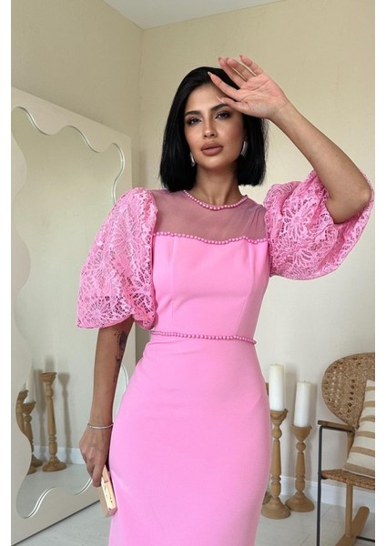Pembe Incili Tül Detay Elbise