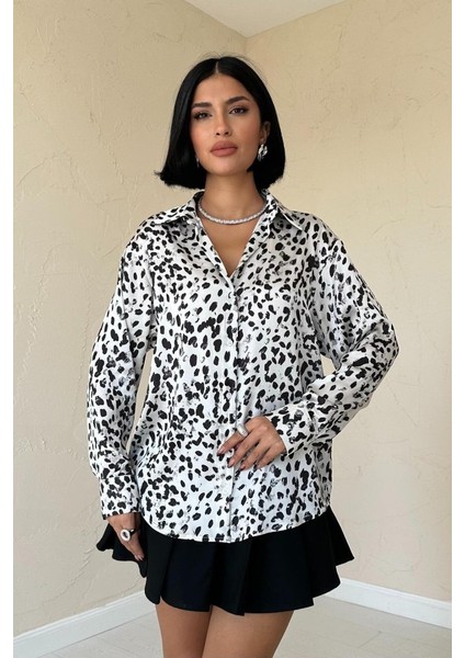 Ekru Leopar Desenli Saten Gömlek