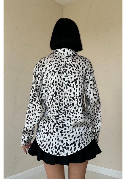 Ekru Leopar Desenli Saten Gömlek