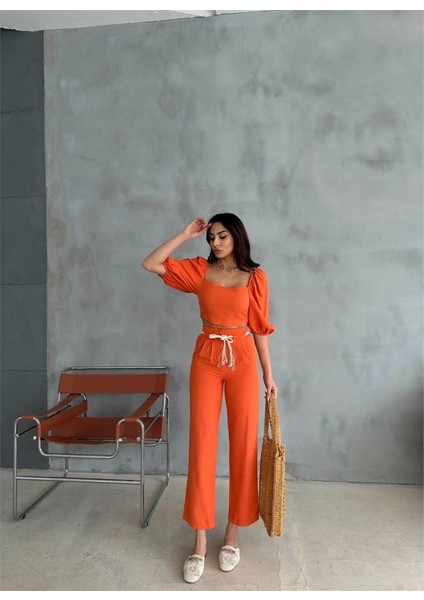 Keten Crop Karpuz Kol Bluz-Pantolon Hasır Kemerli - Orange