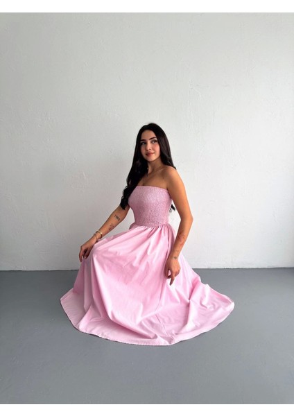 Straplez Pileli Elbise - Pembe