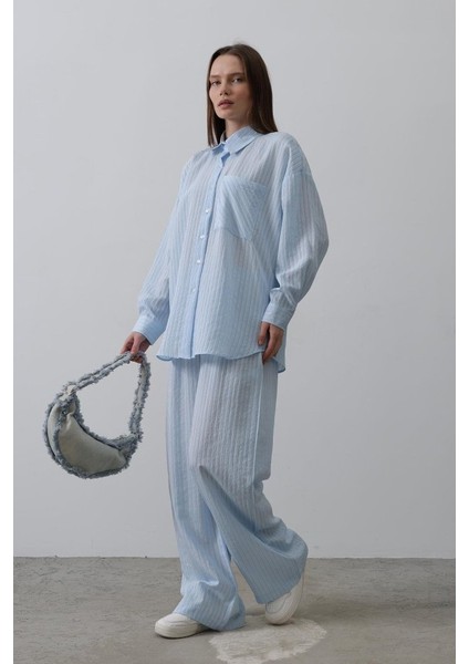 Çizgili Cep Detaylı Oversize Takım - Bebe Mavisi