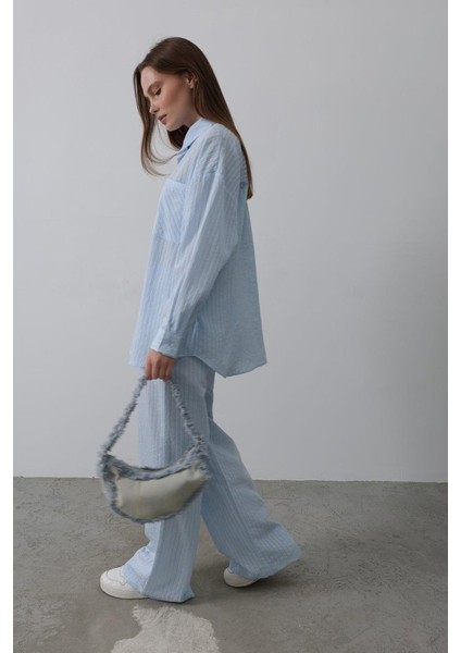 Çizgili Cep Detaylı Oversize Takım - Bebe Mavisi