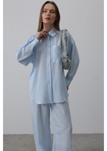 Çizgili Cep Detaylı Oversize Takım - Bebe Mavisi