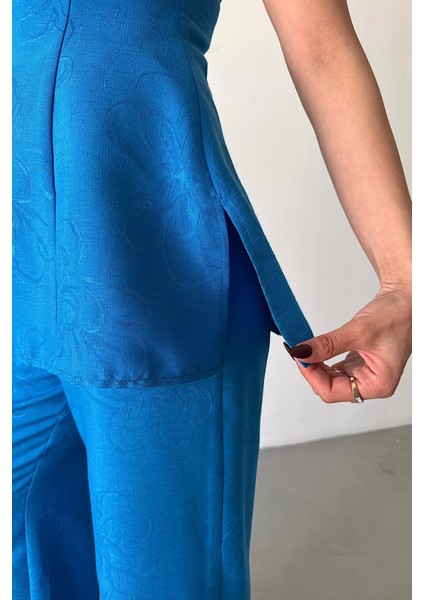 Jakar Keten Kolsuz Bluz-Pantolon Tk - Mavi
