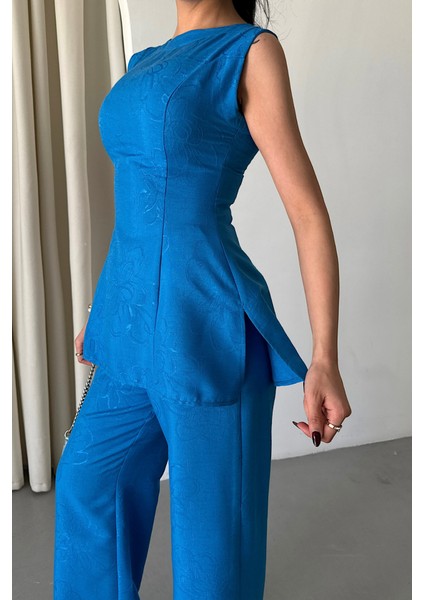 Jakar Keten Kolsuz Bluz-Pantolon Tk - Mavi