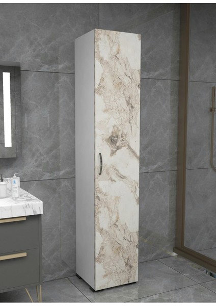 Tek Kapaklı 5 Raflı Mermer Desenli Çok Amaçlı Banyo Mutfak Kiler Dolabı Tek Kapılı Erzak Dolabı