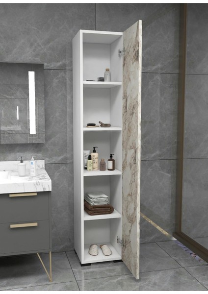 Tek Kapaklı 5 Raflı Mermer Desenli Çok Amaçlı Banyo Mutfak Kiler Dolabı Tek Kapılı Erzak Dolabı