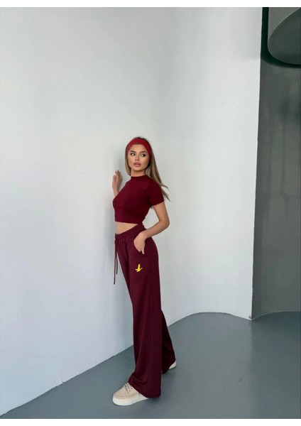 Osy Modal Yumuşak Dokulu Kumaş Nakış Işlemeli Rahat Bol Paça Eşofman Pantalon - Bordo
