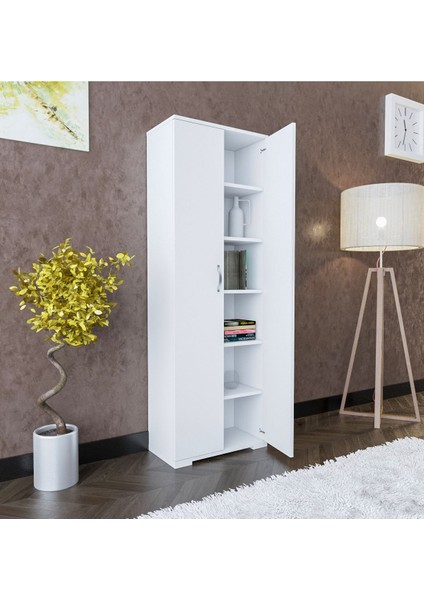 Hazar Çok Amaçlı Dolap Çift Kapaklı 6 Raflı Banyo Dolabı Mutfak Kiler Erzak Dolabı Beyaz