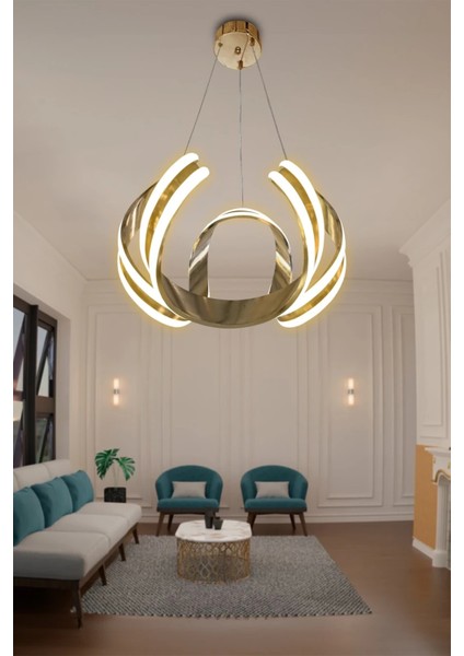 3 Yollu Badem - LED Avize - 3 Renk - Gold Kasa - Çift Sıra Ledli