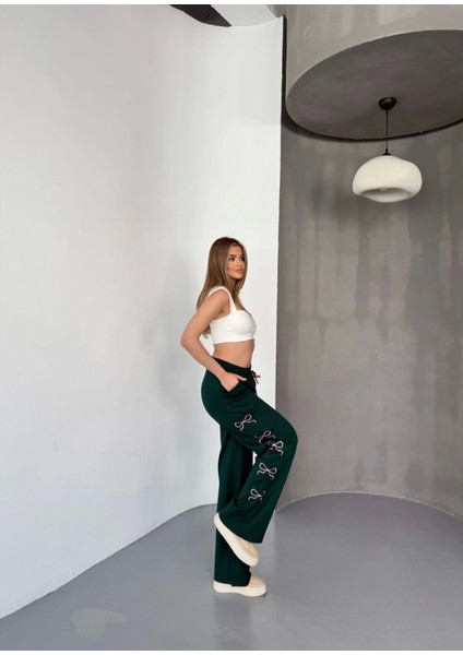 Osy Modal Yumuşak Dokulu Kumaş Nakış Işlemeli Rahat Bol Paça Eşofman Pantalon - Haki