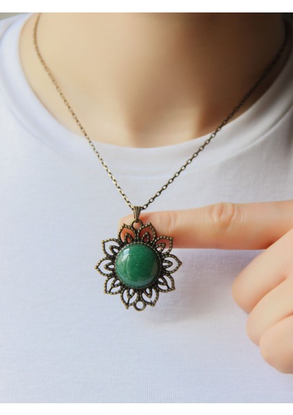 Doğal Taş Yeşil Akik Doğal Taşlı Otantik Kadın Kolye 45 cm Zincirli EUK19YA2