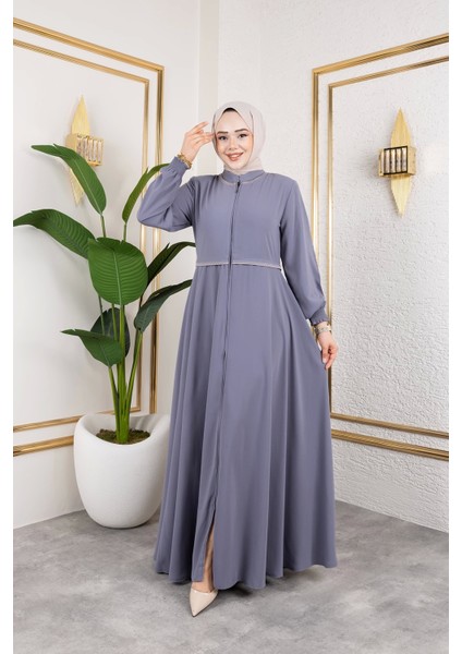 Yaka ve Bel Nakış Detaylı Ferace - Gri / F0143