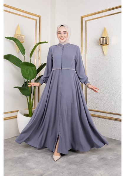 Yaka ve Bel Nakış Detaylı Ferace - Gri / F0143 fırsatları