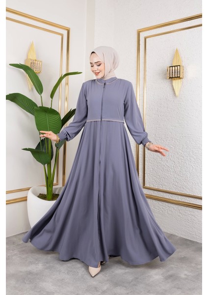 Yaka ve Bel Nakış Detaylı Ferace - Gri / F0143 indirimleri