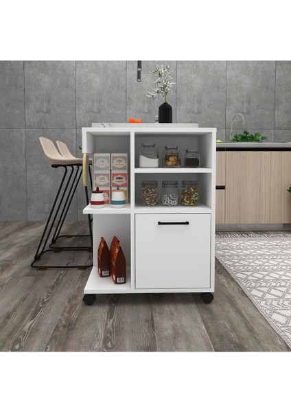 Rebusa 4 Raflı Kapaklı Tekerlekli Çok Amaçlı Mutfak Dolabı, Beyaz - Rebusa