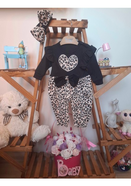 Kız Bebek Leopar Desenli Bandanalı 2'li Takım