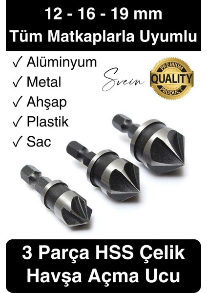 3 Parça Premium Havşa Açma Matkap Ucu Seti Hss Bits Uçlu Paslanmaz Çelik Kalın 12-16-19 mm