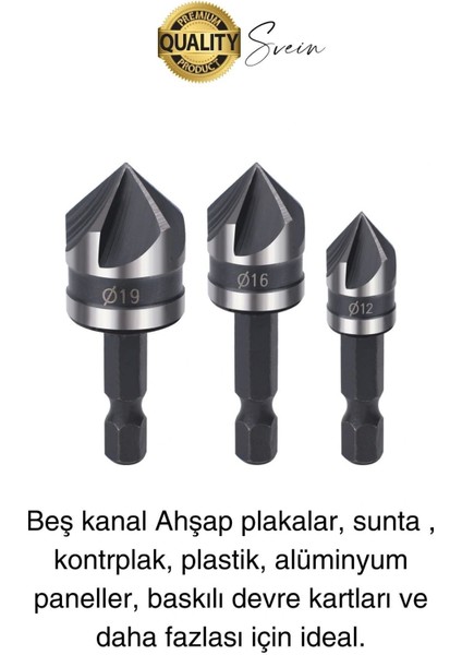 3 Parça Premium Havşa Açma Matkap Ucu Seti Hss Bits Uçlu Paslanmaz Çelik Kalın 12-16-19 mm