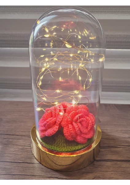 Içi Üç Çiçekli Ledli Teraryum Fanus, Örgü Çiçekli (Gül) Fanus, Gıftandflowers fiyatları