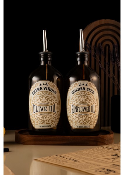 500ML Ahşap Stantlı Amber Renkli Elite Serisi Zeytinyağı Şişesi ve Ayçiçek Yağı Şişesi