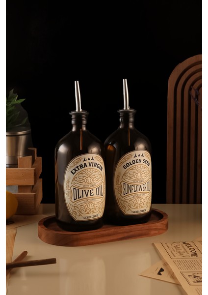 500ML Ahşap Stantlı Amber Renkli Elite Serisi Zeytinyağı Şişesi ve Ayçiçek Yağı Şişesi