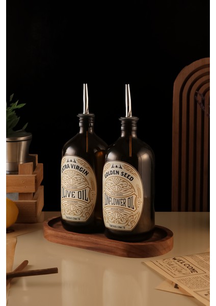 500ML Ahşap Stantlı Amber Renkli Elite Serisi Zeytinyağı Şişesi ve Ayçiçek Yağı Şişesi