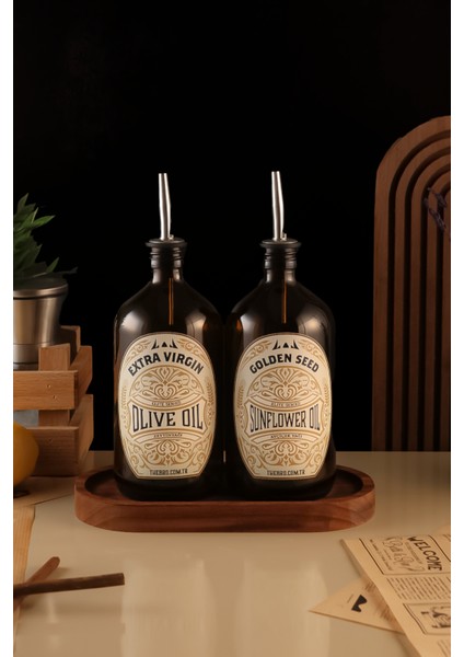500ML Ahşap Stantlı Amber Renkli Elite Serisi Zeytinyağı Şişesi ve Ayçiçek Yağı Şişesi
