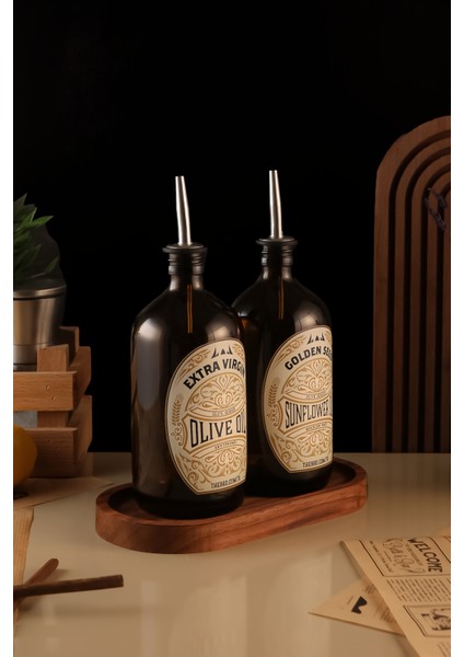 500ML Ahşap Stantlı Amber Renkli Elite Serisi Zeytinyağı Şişesi ve Ayçiçek Yağı Şişesi