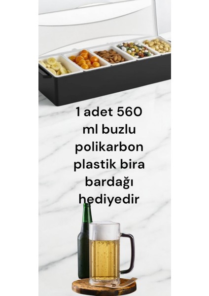 5 Gözlü Sunumluk, Kuruyemişlik, Baharatlık, Konteynır Bar ( 1 Adet 560 ml ,buzlu Görünümlü, Kırılmaz Polikarbon Bardak Hediyeli)