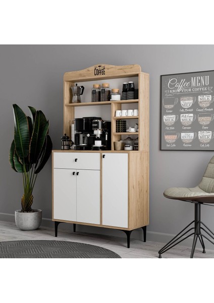 5224 Sıesta 90CM Kahve Köşesi Çok Amaçlı Dolap 3 Kapaklı 1 Çekmeceli Kiler Mutfak Dolabı Sepet-Beya