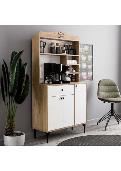 5224 Sıesta 90CM Kahve Köşesi Çok Amaçlı Dolap 3 Kapaklı 1 Çekmeceli Kiler Mutfak Dolabı Sepet-Beya fırsatları