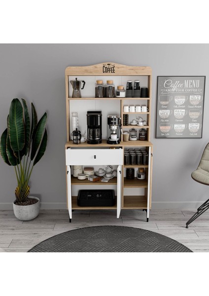 5224 Sıesta 90CM Kahve Köşesi Çok Amaçlı Dolap 3 Kapaklı 1 Çekmeceli Kiler Mutfak Dolabı Sepet-Beya indirimleri