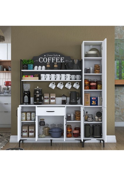 Rani JE149 Kahve Köşesi Çok Amaçlı Dolap 6 Kapaklı 1 Çekmeceli Kiler Mutfak Dolabı Beyaz modelleri