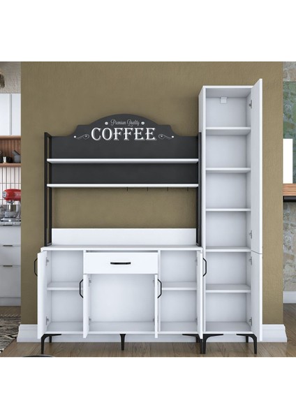 Rani JE149 Kahve Köşesi Çok Amaçlı Dolap 6 Kapaklı 1 Çekmeceli Kiler Mutfak Dolabı Beyaz indirimleri