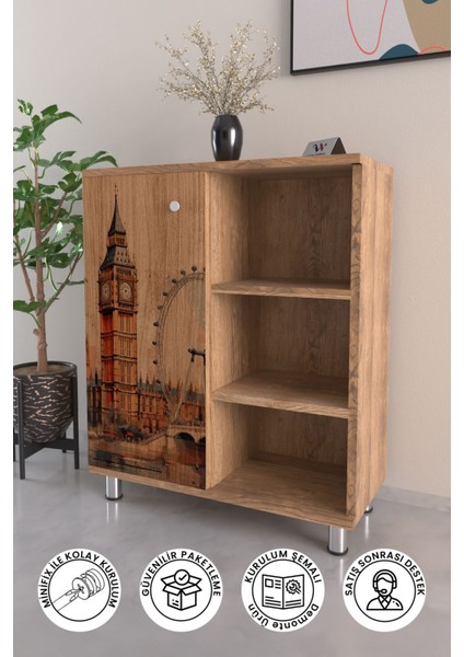 3 Raflı Tek Kapak London View Çok Amaçlı Dolabı Mutfak Ofis Banyo Balkon Salon Dolabı