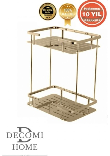 Paslanmaz Pirinç Altın Gold Lidya 2li 15X22 cm Banyo Şampuanlık Rafı