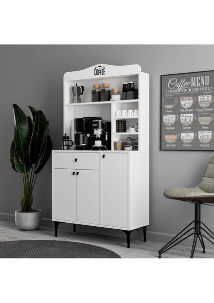 5220 Sıesta 90 cm Kahve Köşesi Çok Amaçlı Dolap 3 Kapaklı 1 Çekmeceli Kiler Mutfak Dolabı Beyaz