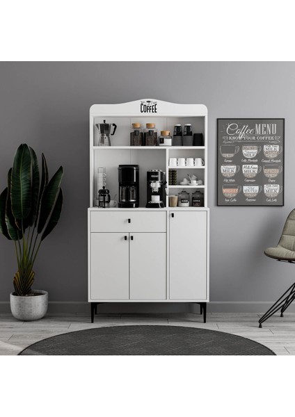 5220 Sıesta 90 cm Kahve Köşesi Çok Amaçlı Dolap 3 Kapaklı 1 Çekmeceli Kiler Mutfak Dolabı Beyaz modelleri