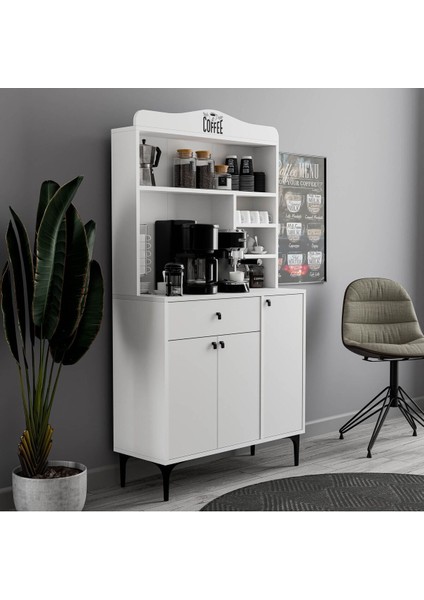 5220 Sıesta 90 cm Kahve Köşesi Çok Amaçlı Dolap 3 Kapaklı 1 Çekmeceli Kiler Mutfak Dolabı Beyaz fırsatları