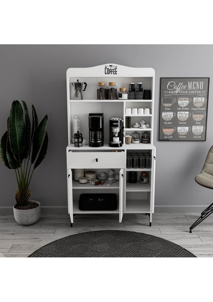 5220 Sıesta 90 cm Kahve Köşesi Çok Amaçlı Dolap 3 Kapaklı 1 Çekmeceli Kiler Mutfak Dolabı Beyaz indirimleri