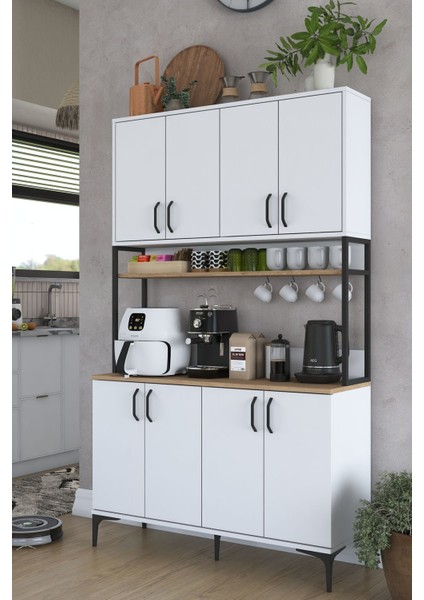 Rani JE173 Çok Amaçlı Dolap 8 Kapaklı Kiler Mutfak Dolabı Beyaz - Sepet Ceviz