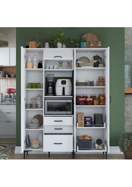 Rani JE131 Çok Amaçlı Dolap 4 Kapaklı 3 Çekmeceli Kiler Mutfak Dolabı Beyaz