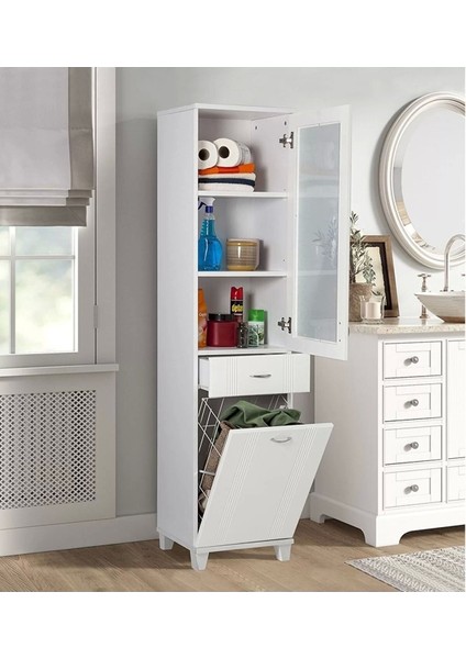 Banyo ve Mutfak Dolabı Çamaşır Sepetli Pleksi Camlı Beyaz