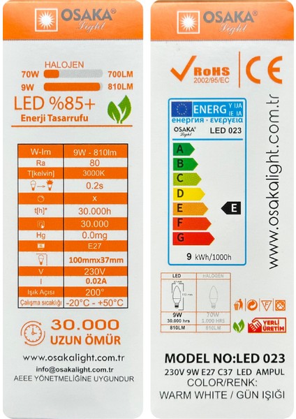 (1 adet) Osaka 9W (70W) Sarı Işık (3000K) E27 DUYLU (Kalın Duy) LED Mum Ampul